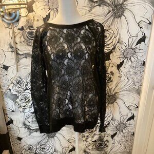 ANN TAYLOR LOFT Women's Black Lace Coverup Top Blouse Long Sleeved SIZE LARGE